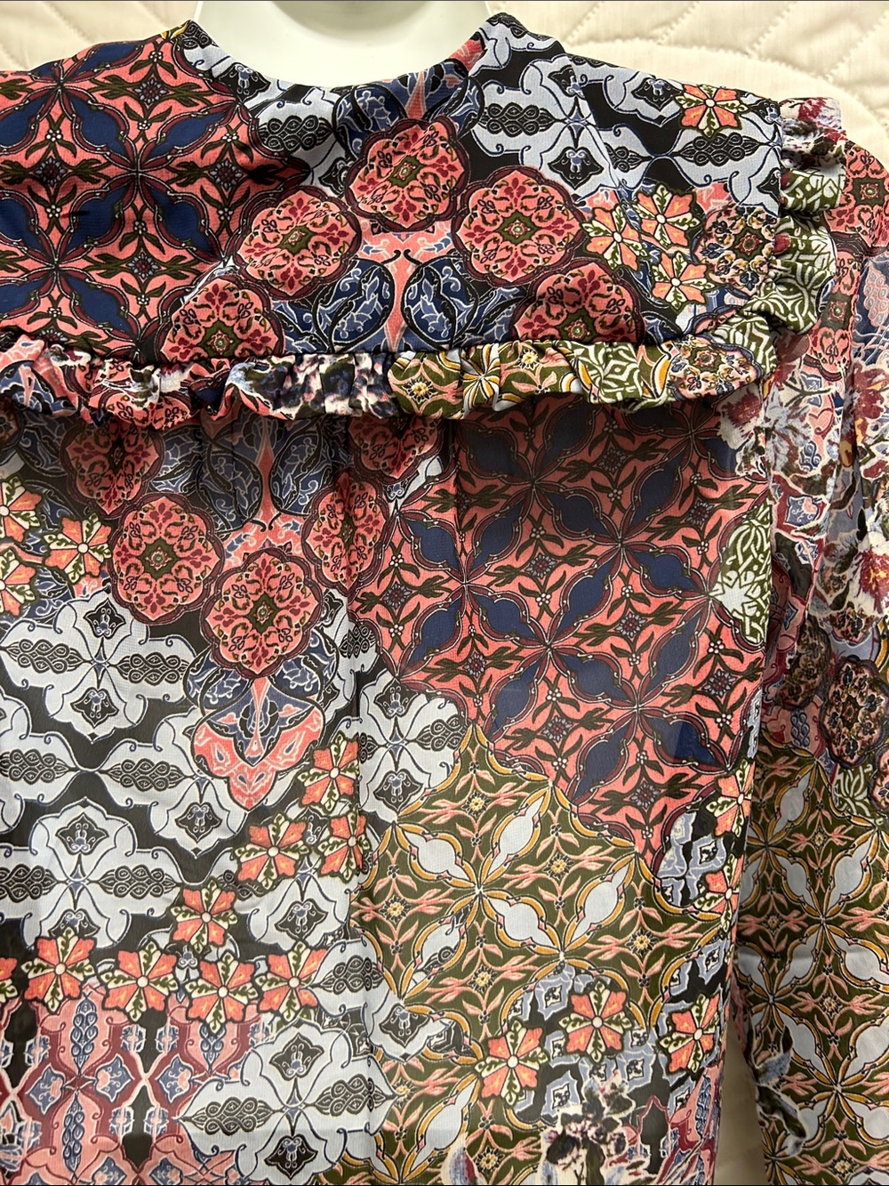 Posh Multicolor Floral Patchwork Ruffle-Collar Blouse - Picture 12 of 15